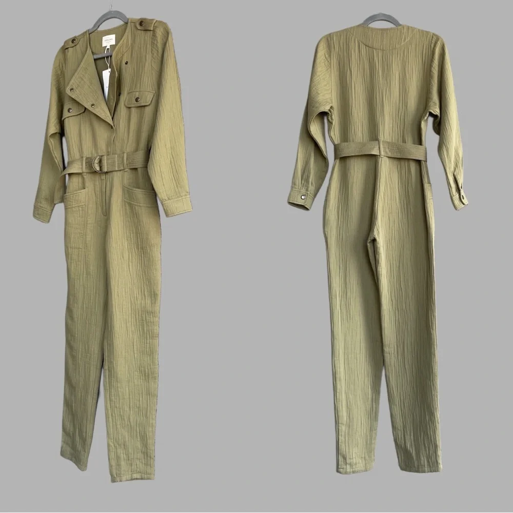SEZANE NWT Light Olive Green Neutral Linen Cotton Hailey Belted Utility Jumpsuit
